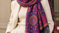 Esarfa premium din lana si vascoza cu imprimeu floral oriental in nuante de fucsia si portocaliu pe fond mov