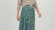 Fusta din tulle turcoaz pastel cu buline maro - stil clos