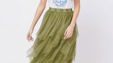Fusta lunga din tulle in straturi inegale, verde oliv
