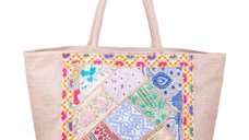 Geanta bej din material textil natural cu aplicatie brodata manual