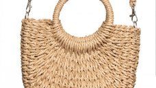 Geanta crossbody circulara impletita, bej inchis cu manere rotunde