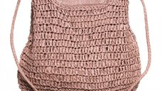 Geanta crossbody impletita cu manere din lemn, roz prafuit