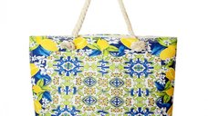 Geanta de plaja textila cu design mediteranean cu lamai in alb, verde si albastru