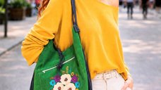 Geanta handmade din piele naturala verde si bleumarin, cu flori 3D