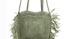 Geanta mare crossbody patrata cu franjuri decorative, verde prafuit