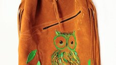Geanta sac din piele intoarsa galben mustar cu bufnita pictata, design unicat