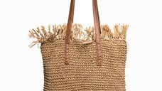 Geanta shopper bej inchis cu manere din piele ecologica si franjuri decorative