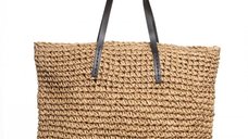 Geanta shopper din fibre de hartie cu manere din piele ecologica, bej inchis