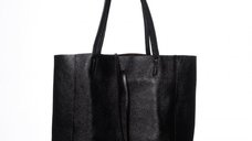 Geanta shopper din piele naturala neagra metalizata