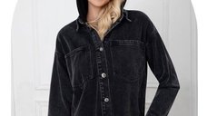 Jacheta din denim negru cu gluga si croi asimetric
