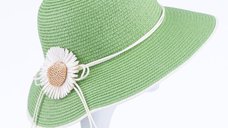 Palarie de paie impletita cu decoratiune florala, verde