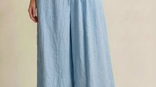 Pantaloni de vara bleu din in cu croiala ampla si pliuri
