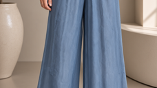 Pantaloni eleganti pentru femei, largi, din matase si vascoza, albastru jeans usor prespalat