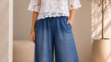 Pantaloni Palazzo Albastri din Tencel cu Talie Elastica
