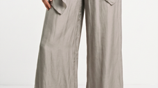 Pantaloni Palazzo Din Matase Si Vascoza, Grej, Cu Dublura