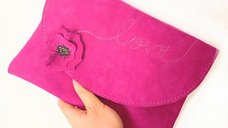 Plic din piele naturala fuchsia, handmade, cu trandafir si mesaj cusut