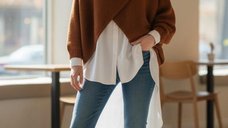 Pulover asimetric tip poncho cu lana, caramiziu, maneci fluture