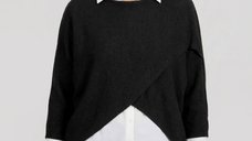 Pulover asimetric tip poncho, negru cu maneci fluture