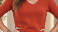 Pulover dama caramiziu cu maneca scurta raglan si decolteu in V