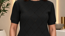 Pulover dama negru cu maneca scurta si design geometric