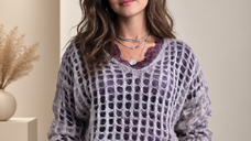Pulover din mohair cu plasa, model delicat, accesoriu elegant bej inchis
