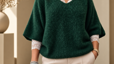 Pulover oversize din alpaca verde inchis cu maneci fluture