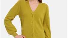 Pulover verde oliv cu decolteu in V si impletitura decorativa