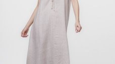Rochie A-line din in, bej, fara maneci, cu siret pe bust