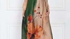 Rochie A-line din satin cu imprimeu floral in nuante de verde, bej si caramel