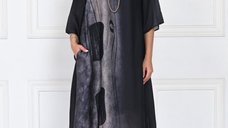 Rochie A-line eleganta din satin cu imprimeu abstract, negru-gri