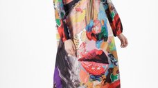 Rochie A-line lunga cu imprimeu colorat si maneci lungi elastice
