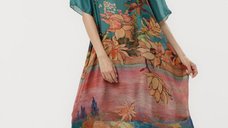 Rochie A-line turcoaz eleganta cu imprimeu floral roz-oranj