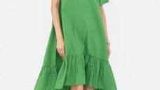 Rochie A-line Verde din Poplin cu Volan Asimetric