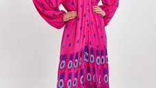Rochie camasa cu imprimeu, pe fond fucsia, din vascoza