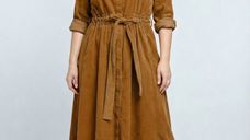 Rochie camasa din catifea reiata cu cordon in talie, camel
