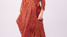 Rochie cu bust petrecut, din matase indiana, cu imprimeu oriental portocaliu-fucsia