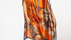 Rochie de plaja poncho din matase cu imprimeu abstract portocalie