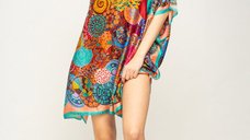 Rochie de plaja poncho din matase cu imprimeu mandala multicolor
