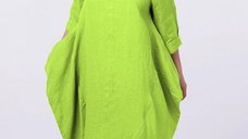 Rochie din in verde lime cu colturi laterale si buzunare ascunse