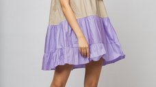 Rochie din poplin de bumbac cu volane colorate lila, bej si alb