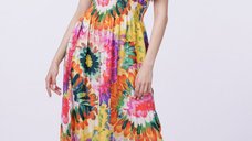 Rochie florala cu talie elastica si decolteu in V, verde-portocalie