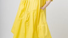 Rochie galbena oversized cu maneci scurte si volane asimetrice