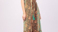 Rochie lunga cu volane si imprimeu floral, din matase indiana verde menta si portocalie