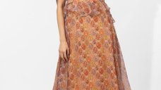 Rochie lunga diafana, orange, cu imprimeu oriental