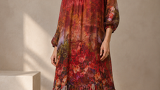 Rochie lunga din matase si vascoza, cu imprimeu floral artistic, rosie