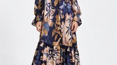 Rochie lunga din matase si vascoza cu volan la guler si imprimeu abstract, bleumarin