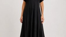 Rochie maxi din satin cu matase si vascoza, neagra, design fluid si croi amplu