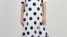 Rochie Midi A-Line cu Volan si Imprimeu Buline Alb-Bleumarin