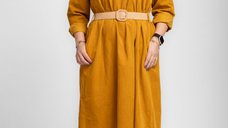 Rochie midi A-line din catifea reiata, cu curea, mustar