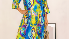 Rochie Midi A-line Vascoza cu Imprimeu Stilizat pe Fundal Albastru